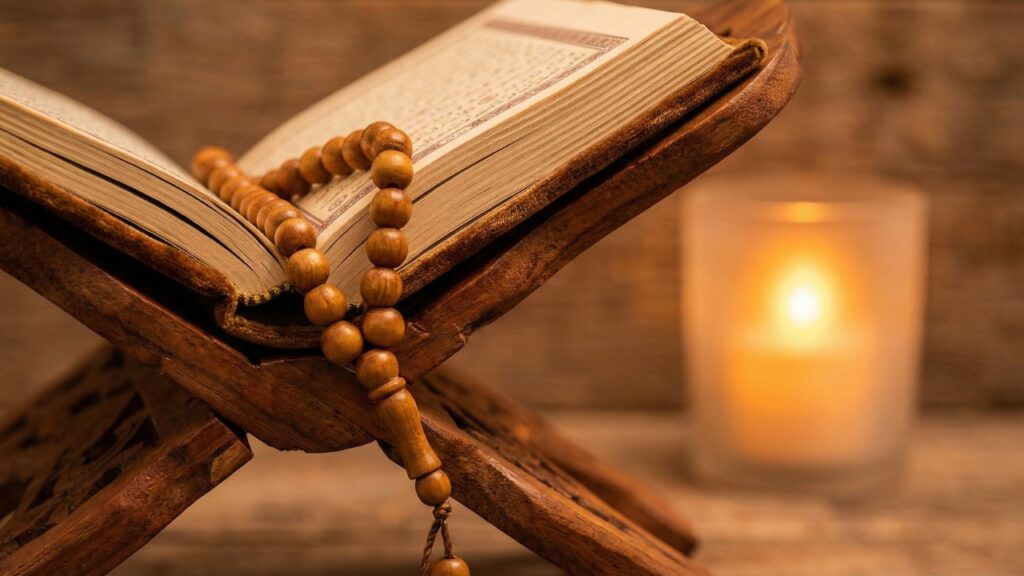 Close up of wooden Quran stand and prayer beads in a home prayer nook.