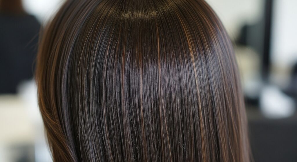 Close up texture of dark chocolate brunette hair with luxury shine.