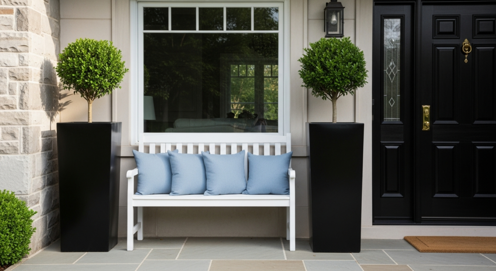 Coastal spring decor, traditional porch styling, classic boxwood planters.
