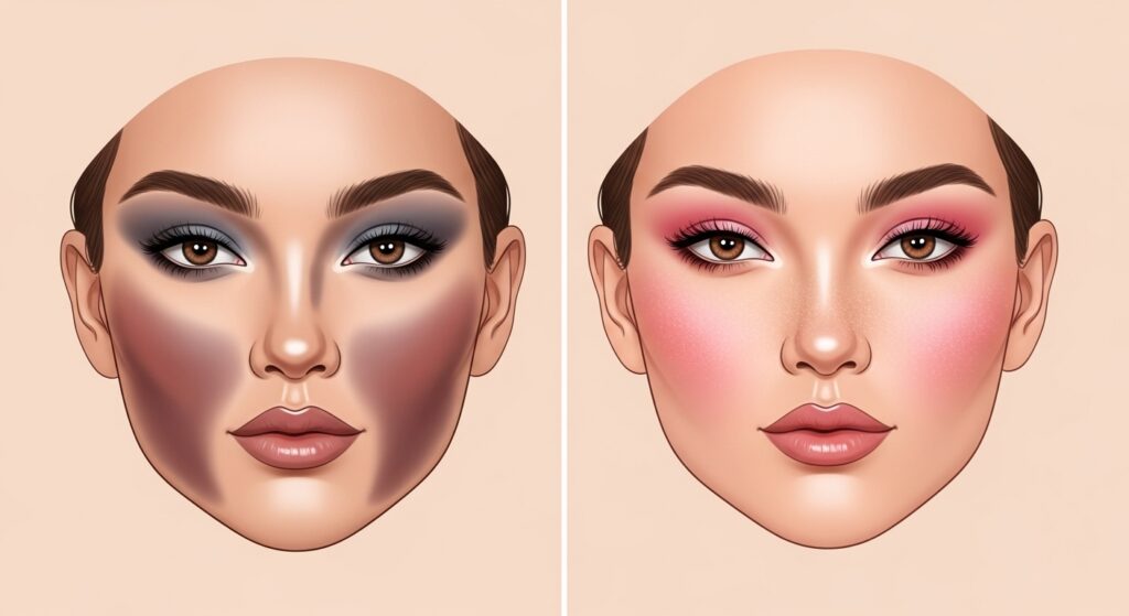 Comparison of 2020 contouring versus 2026 sunburn blush placement.