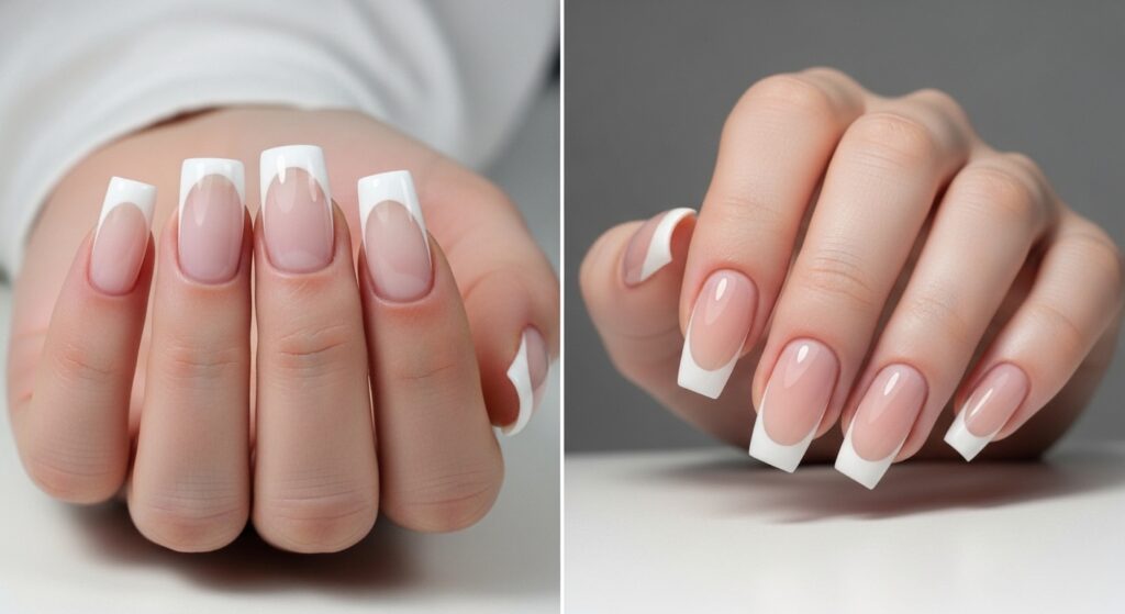 Comparison of thick vs thin french tip nails, modern french manicure 2026.