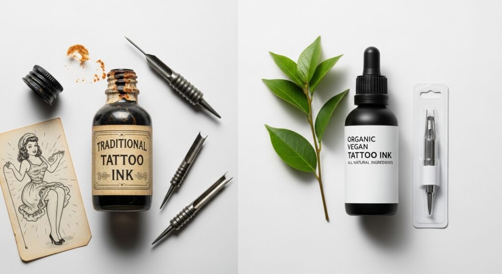 Comparison of toxic traditional tattoo ink vs organic vegan red tattoo ink bottles.