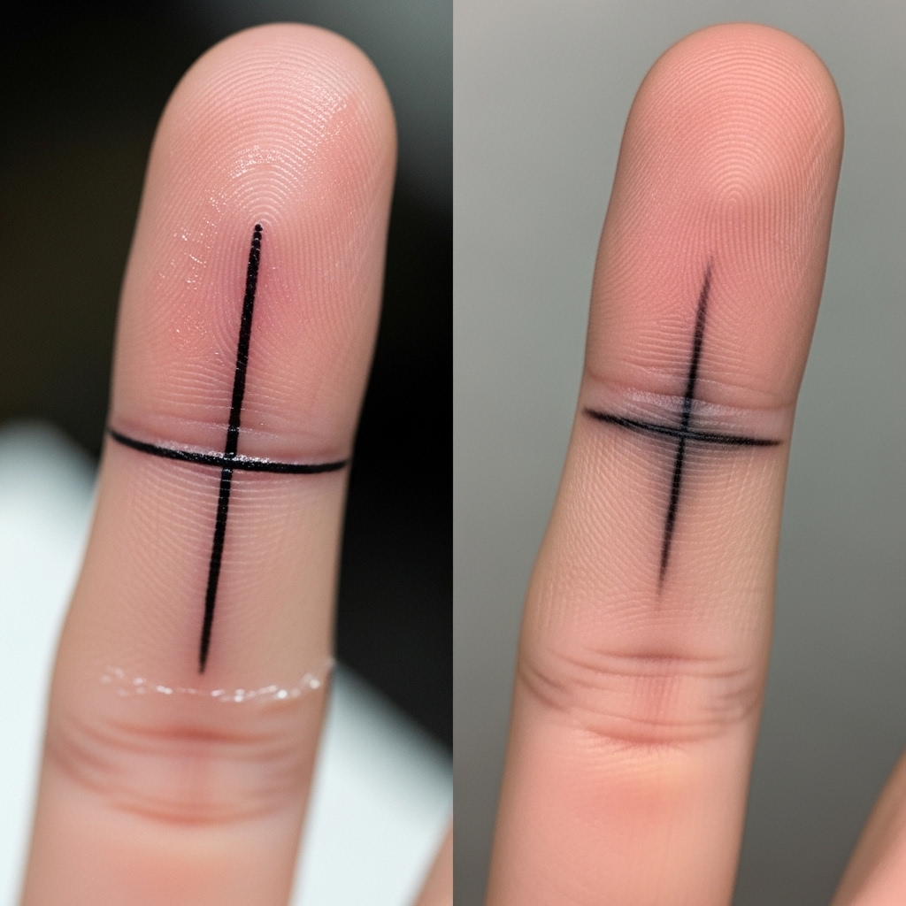 Comparison split photo, left side showing fresh fine line finger tattoo crisp black ink, right side showing healed finger tattoo