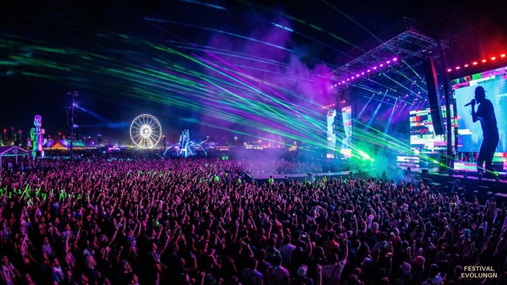 Concept art of a Coachella main stage at night with lasers and a silhouette resembling Kendrick Lamar.