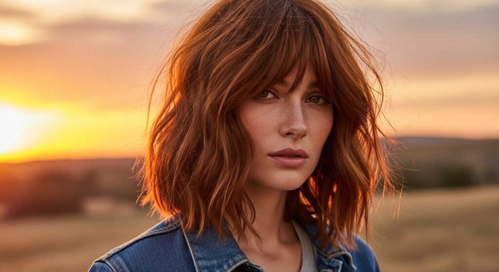 Cowboy copper hair color on wavy hair with western fashion style.