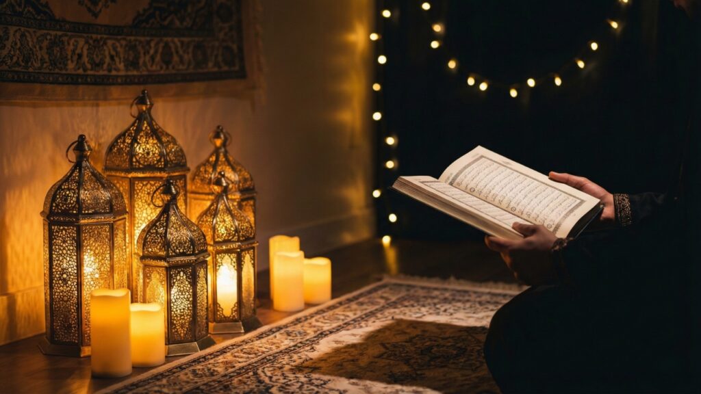 Cozy prayer corner at night with floor lanterns and LED candles.