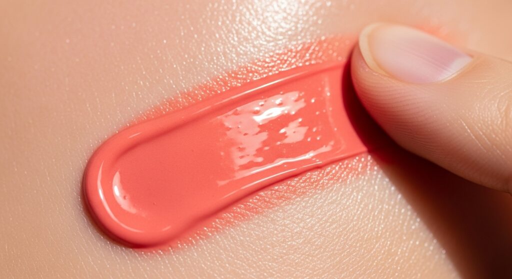 Cream blush texture swatch melting into skin for a natural finish.