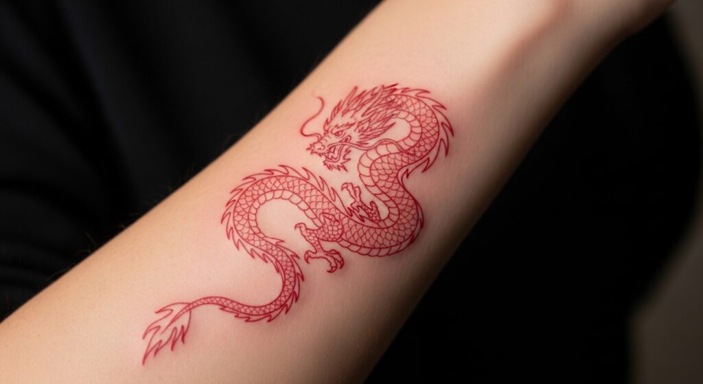 Dainty red dragon tattoo on forearm, healed colored fine line tattoo style.