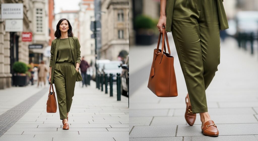 Versatile olive green modest matching set worn from office to Iftar dinner.