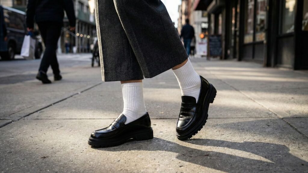 Detailed shot of a woman's feet walking on a city sidewalk, showcasing the transitional trend of glossy black lug-sole loafers paired with thick white ribbed cotton socks.