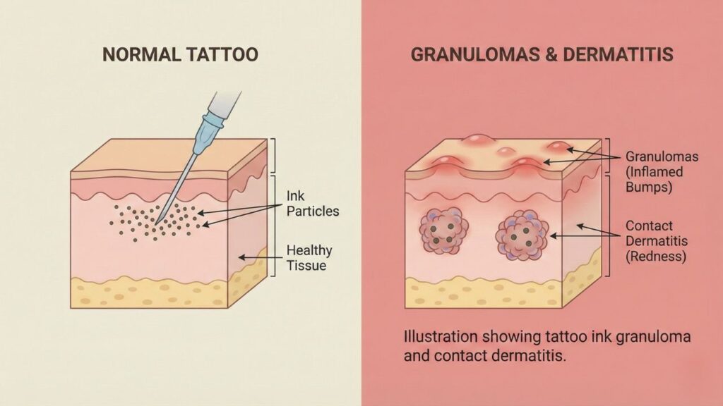 Diagram of tattoo allergic reaction symptoms, red ink dermatitis, and granuloma formation.