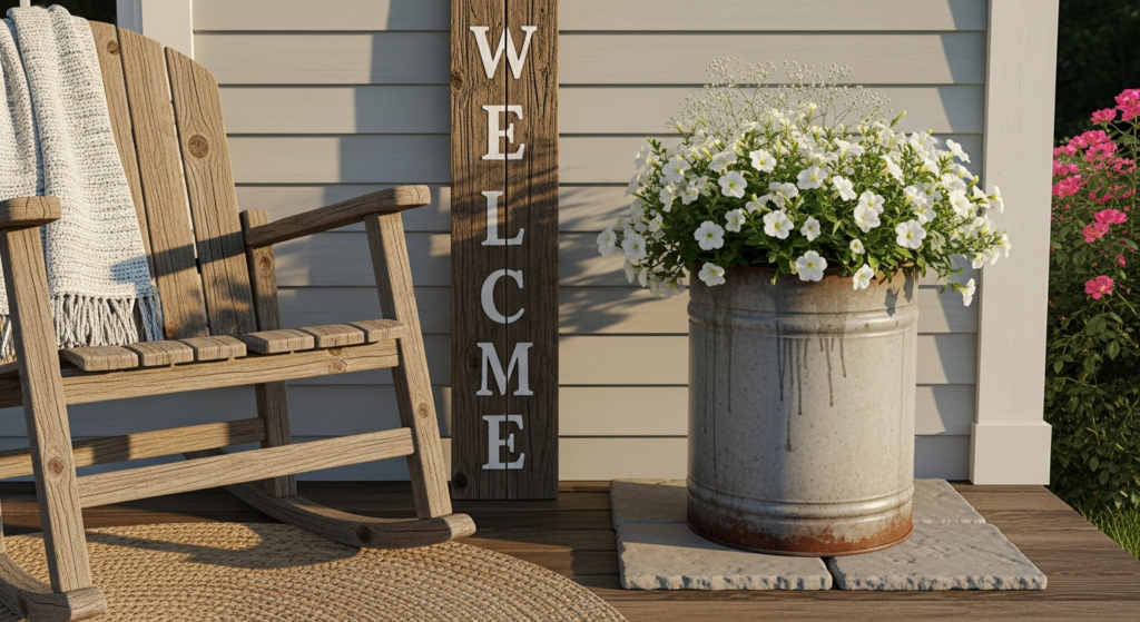 Farmhouse spring decor for front porch, rustic wooden signs, galvanized planters.