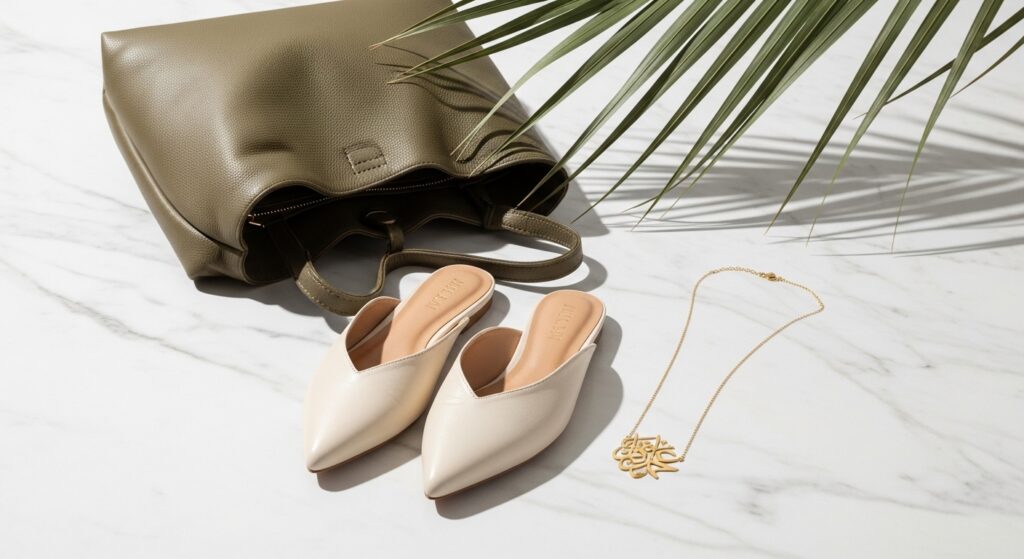 Flat lay of Ramadan accessories including pointed mules, gold calligraphy necklace, and soft leather tote bag.