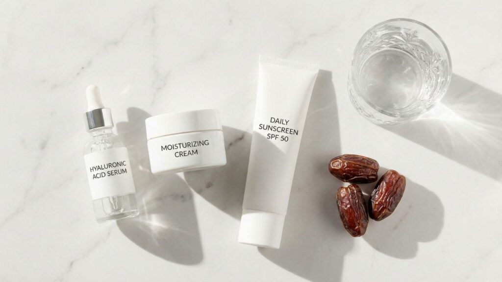 Flatlay of skincare products including serum and moisturizer next to a bowl of dates.