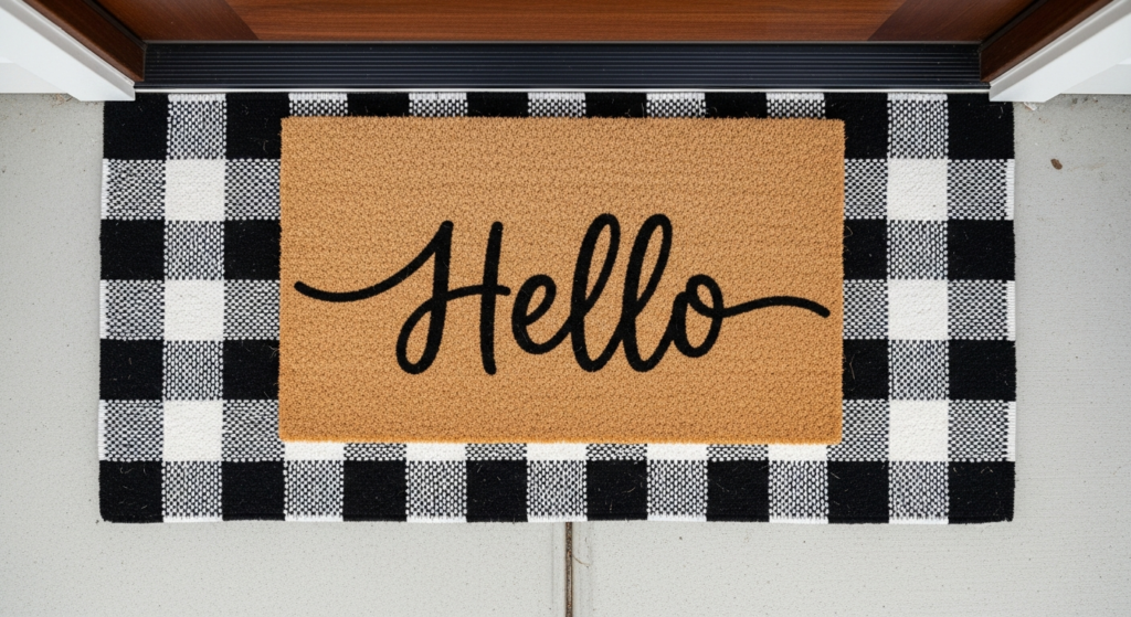 How to layer spring doormats, coir welcome mat, black-and-white buffalo check outdoor rug.