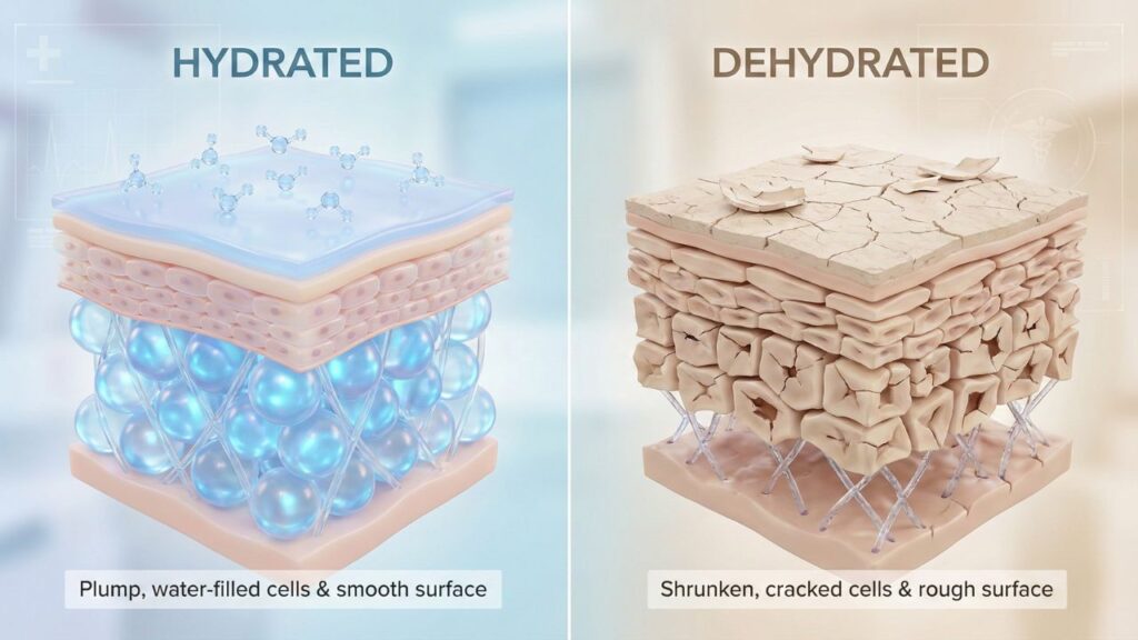Illustration of healthy hydrated skin cells versus shriveled dehydrated skin cells.