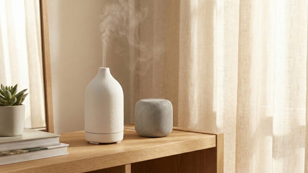 Luxury reed diffuser and modern speaker in an Islamic prayer corner.