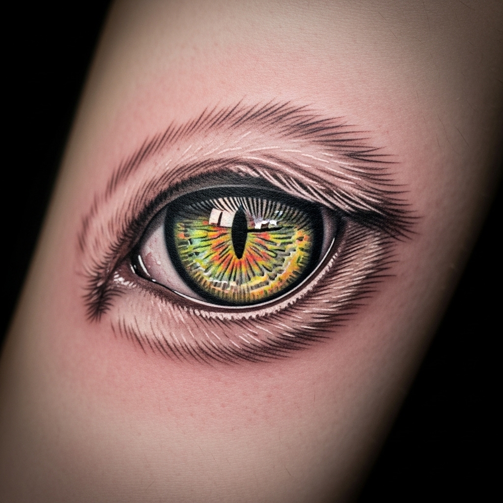 Micro-realism tattoo of a cat's eye