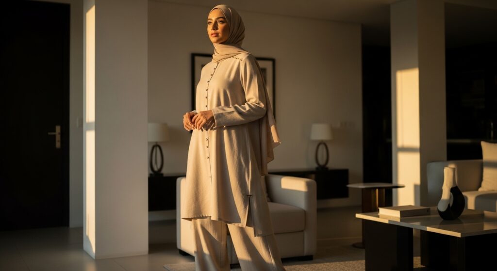 Woman wearing beige minimalist modest two-piece set for Ramadan Iftar 2026.