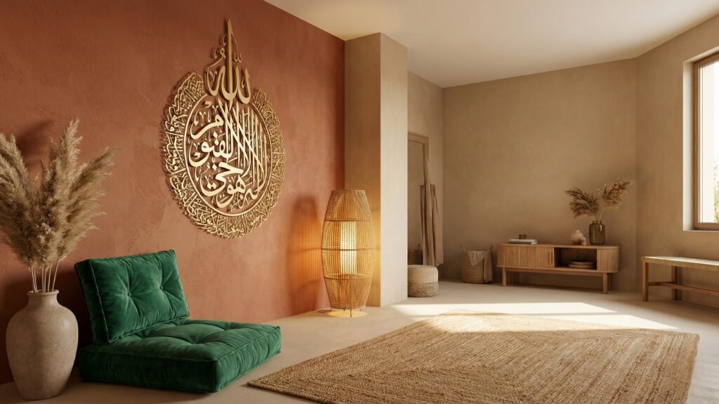 Modern Islamic prayer room design with terracotta walls and rattan decor.