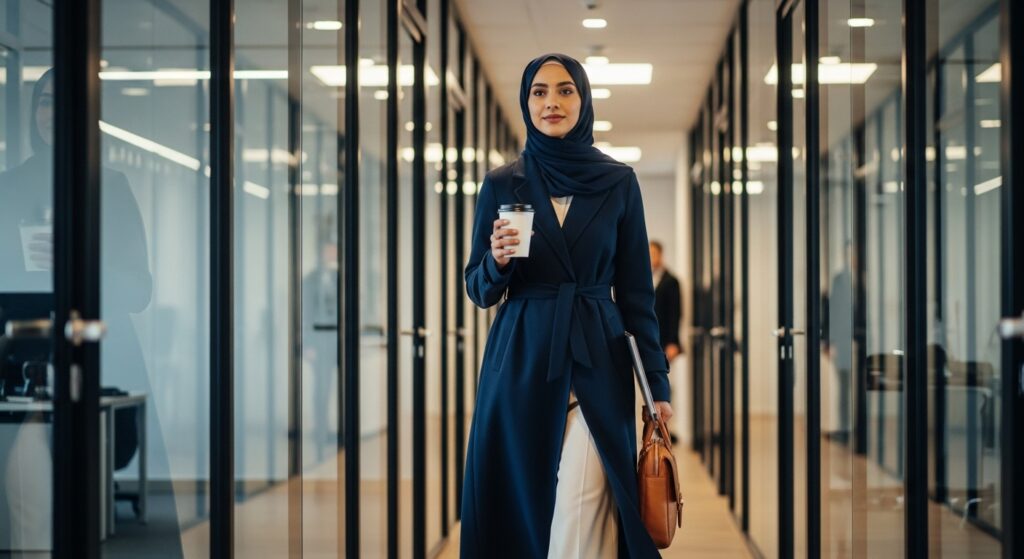 Muslim businesswoman wearing trench coat style abaya in modern office.