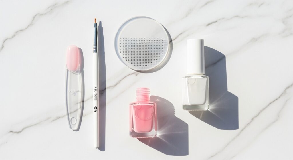 Nail art tools for micro french manicure liner brush, silicone stamper, and nude polish.