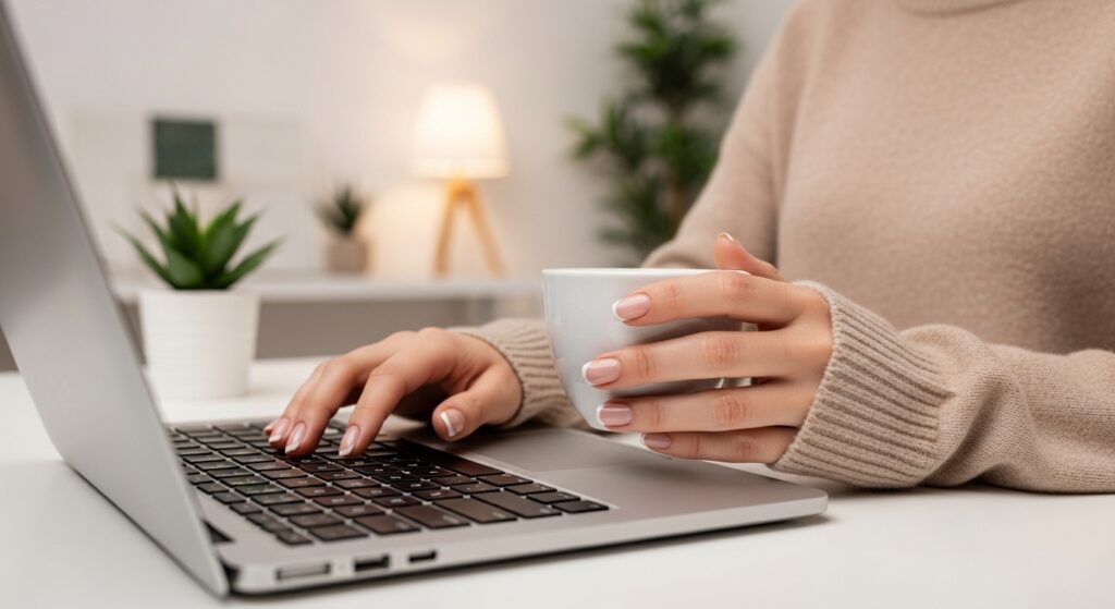 Professional woman with micro french nails working on laptop, minimalist office style.