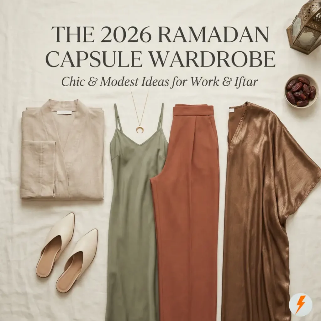A stylish flat-lay of the 2026 Ramadan Capsule Wardrobe featuring a beige linen abaya, sage green slip dress, terracotta wide-leg trousers, metallic bronze kaftan, cream pointed flat mules, and a gold crescent necklace. The image includes the text title: "THE 2026 RAMADAN CAPSULE WARDROBE: Chic & Modest Ideas for Work & Iftar" alongside a decorative lantern and bowl of dates.