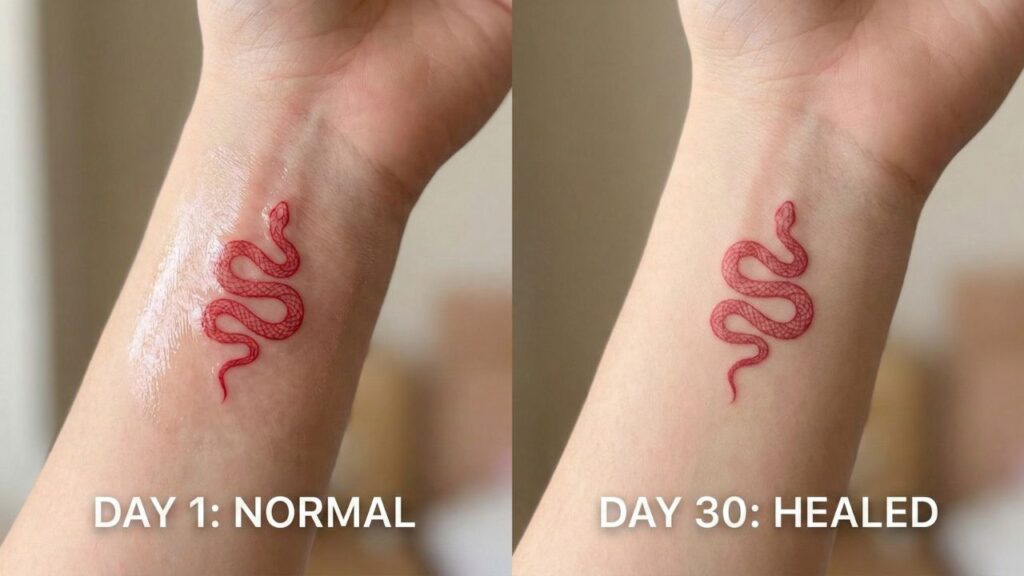 Red ink tattoo healing stages, fresh vs healed red fine line tattoo.