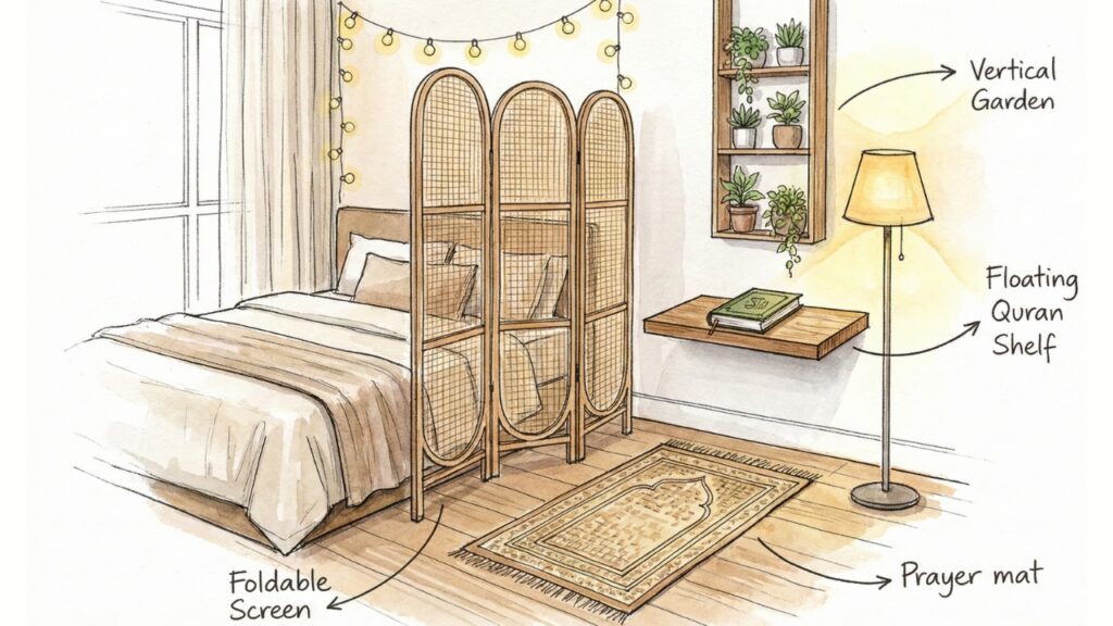 Small apartment prayer corner ideas using a room divider screen.