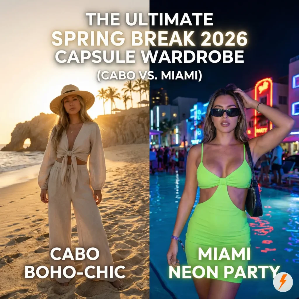 Split-screen comparison image for Spring Break 2026 fashion. Left side features a woman in a beige "Cabo Boho-Chic" linen outfit on a sunset beach. Right side features a woman in a neon green "Miami Neon Party" cut-out dress at a night club with pool lights. Overlay text reads: "The Ultimate Spring Break 2026 Capsule Wardrobe."