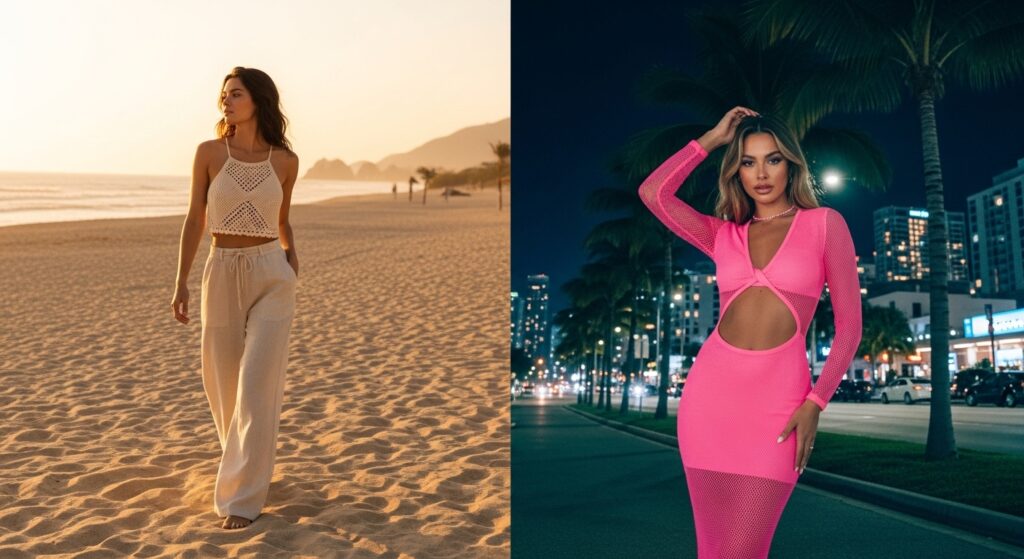 Spring Break 2026 capsule wardrobe comparison showing Cabo boho outfits versus Miami party fashion.