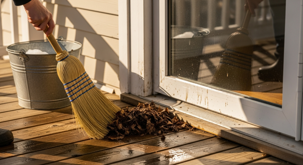 Spring cleaning front porch, sweeping porch steps, prepping porch for spring.