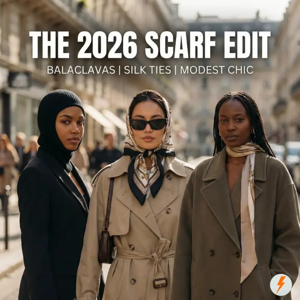 Featured image titled "The 2026 Scarf Edit" displaying three women modeling top 2026 scarf trends: a black knit balaclava, a patterned silk headscarf tied under the chin in a retro style, and a skinny silk scarf necktie. Overlay text reads: "Balaclavas | Silk Ties | Modest Chic."