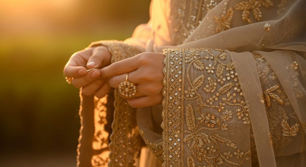Styling modest co-ord with statement earrings and khussas.