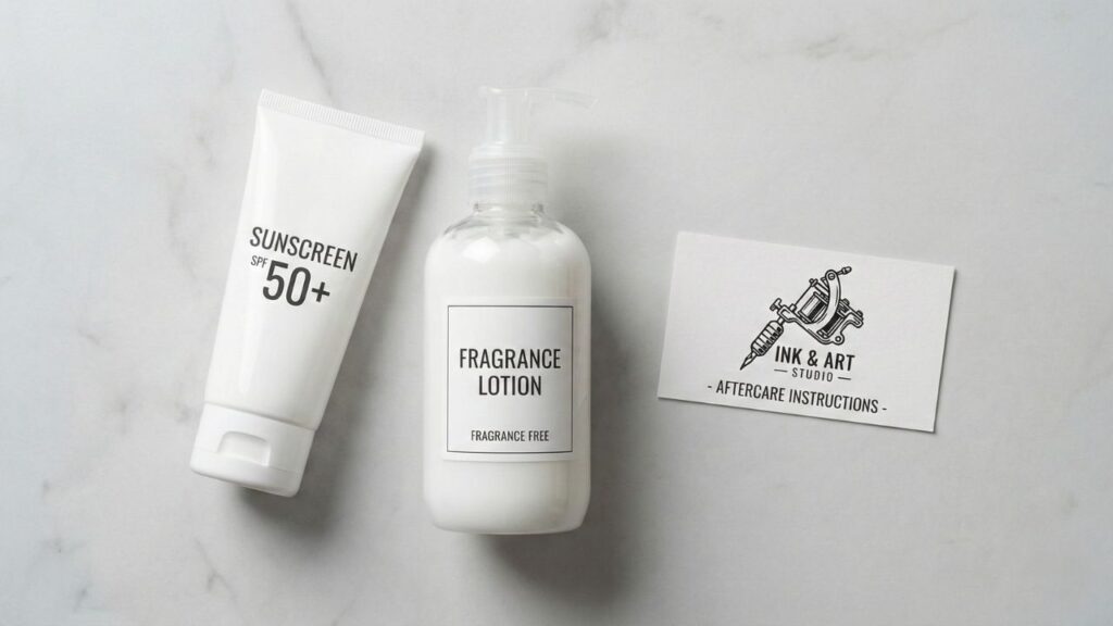 Tattoo aftercare kit with sunscreen and lotion for red ink protection.