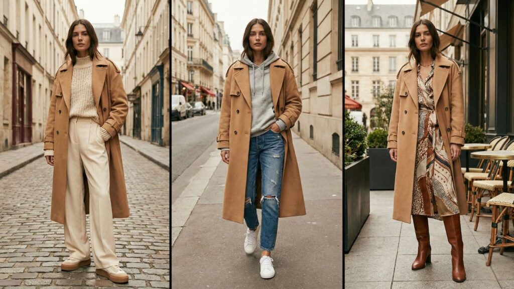 Three distinct ways to style a camel trench coat for spring, featuring wide-leg trousers for commuting, a casual hoodie with jeans, and a smart-casual midi dress.