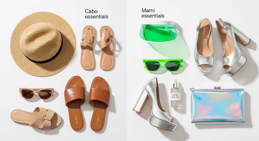Travel aesthetic comparison for Spring Break 2026 showing boho accessories vs glam party accessories.