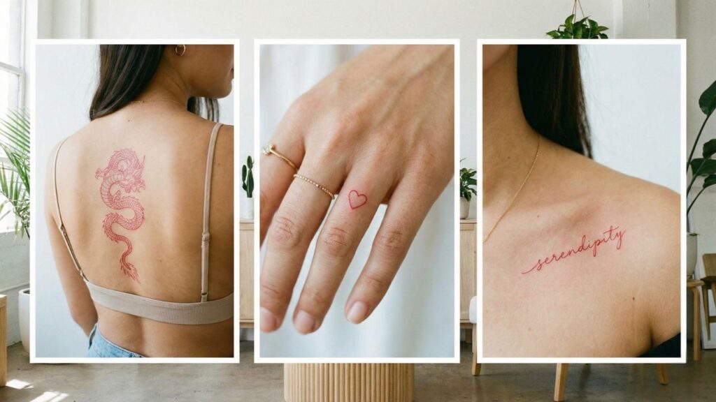 Trendy dainty red tattoos: dragon spine tattoo, finger heart tattoo, and red script tattoo.