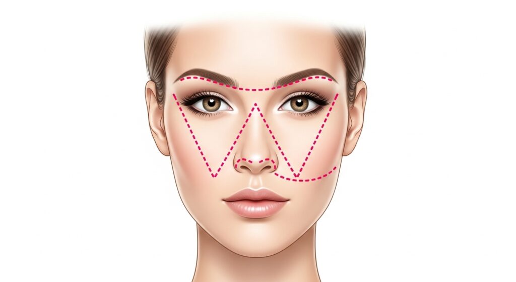 W shape blush placement diagram for sunburn effect.