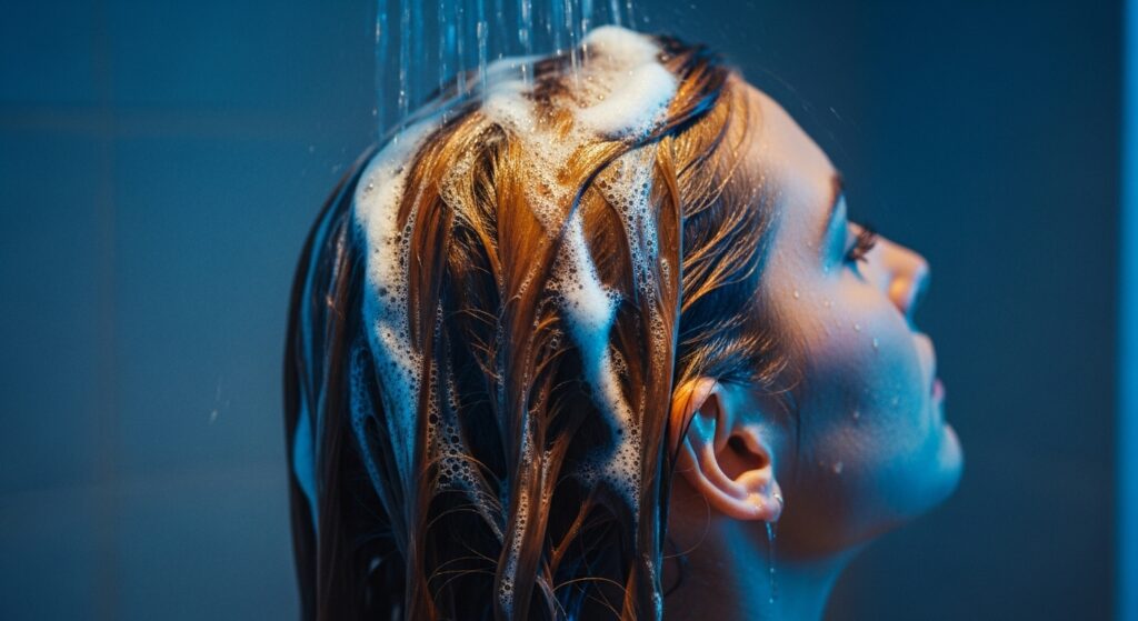 Washing hair with color safe shampoo to prevent red fade.