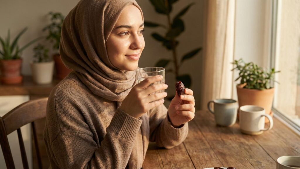 Woman holding a cup of water at Suhoor with glowing skin.