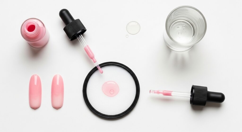 A DIY coffee filter test demonstrating the water permeability of halal nail polish with a drop of water seeping through a pink swatch.