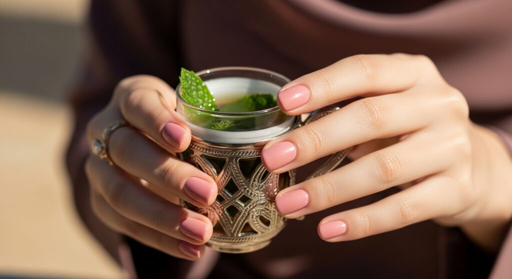 A Muslim woman's hands featuring a blush pink halal nail polish manicure while holding a cup of tea for Eid.