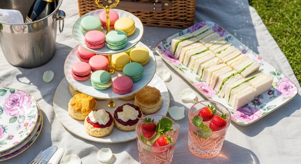 A delicious spread of garden party food including macarons, scones, cucumber sandwiches, and a shimmering pink sparkling punch.
