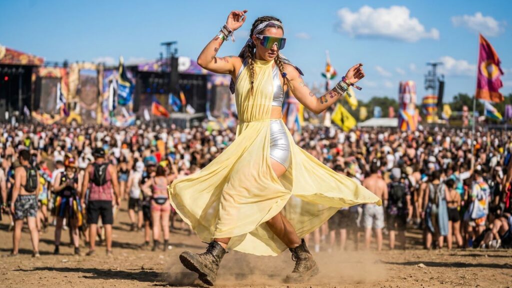 A festival-goer dancing in a breathable sheer yellow liquid mesh dress over a metallic silver athletic set at a sunny outdoor music event.