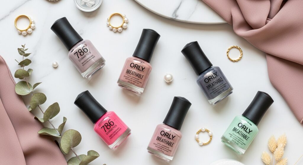 A flatlay of top breathable nail polish bottles, including 786 Cosmetics and Orly, styled with a silk hijab.