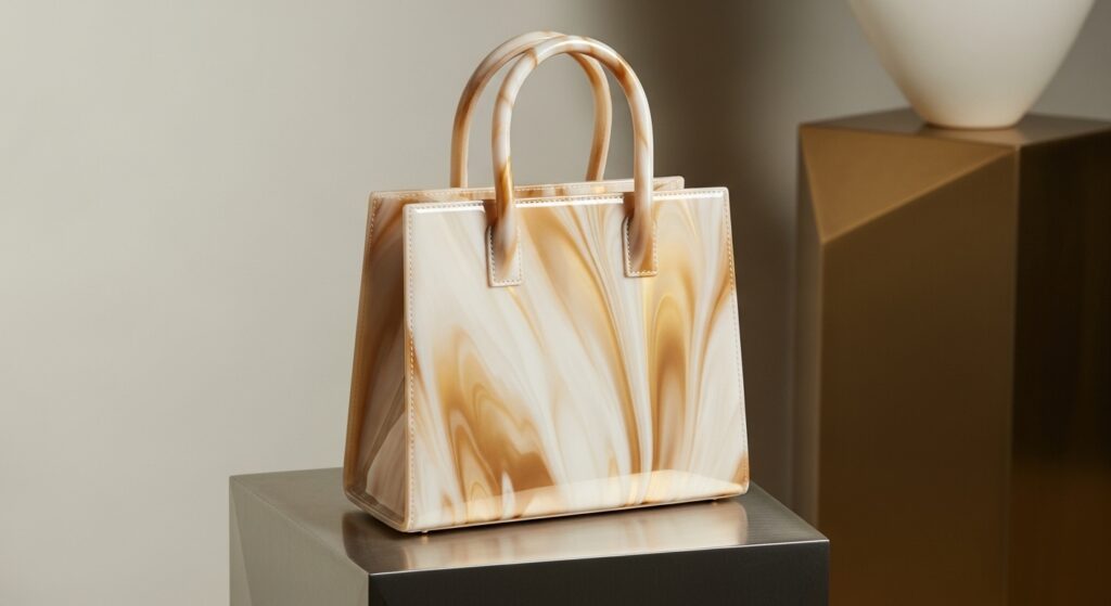 A highly structured mini tote bag made of glossy marbled acrylic in cream and gold on a modern pedestal.