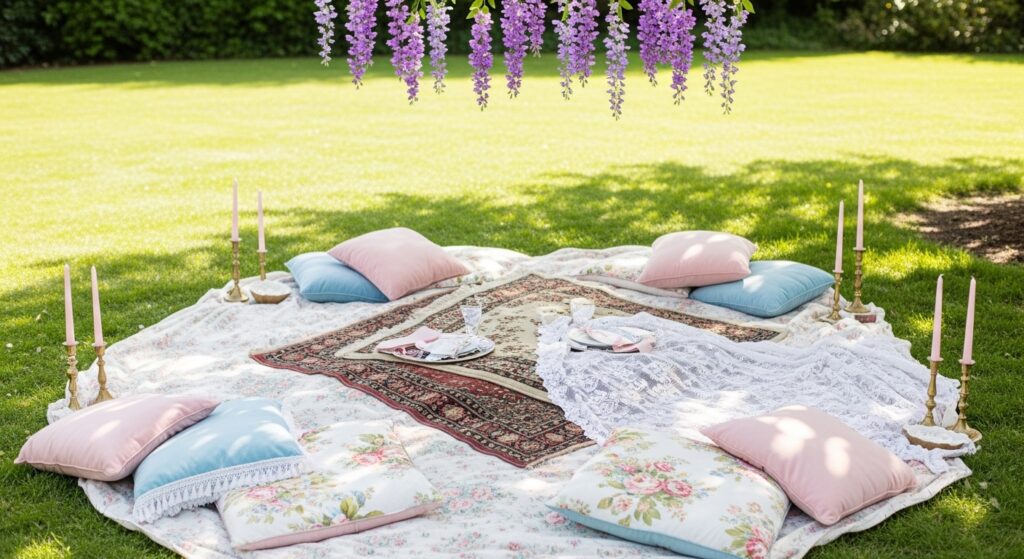A luxurious Bridgerton-style aesthetic picnic setup in a sunlit garden with layered rugs, pastel cushions, and hanging faux wisteria.