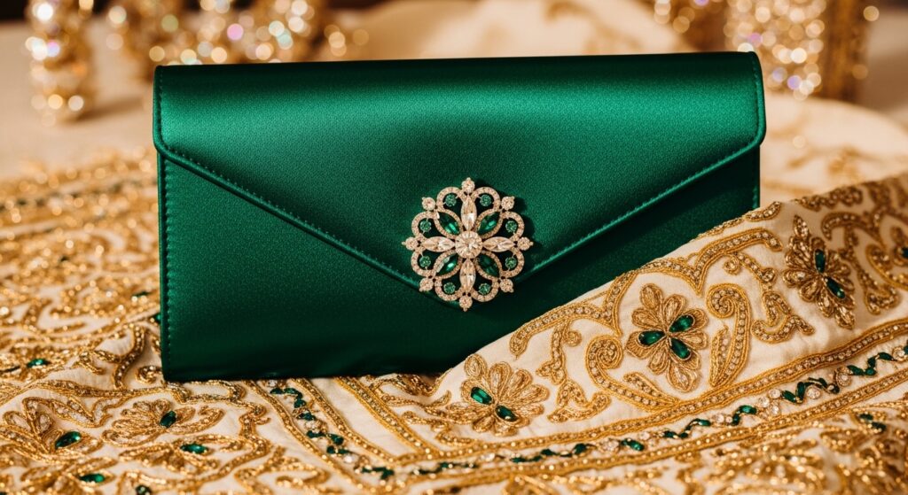 A luxurious emerald green satin envelope clutch featuring a dazzling crystal brooch clasp next to embroidered fabric.